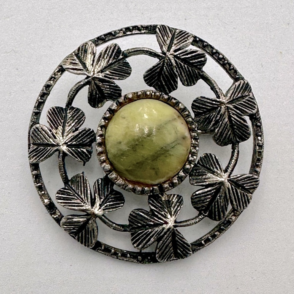 Gunmetal Tone Shamrock Brooch Green Stone Cabochon Irish St Patrick Clover